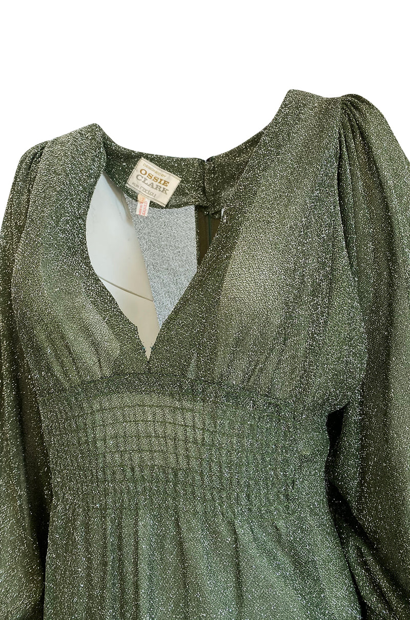 1970s Ossie Clark Metallic Green & Silver Lurex Knit Lame Plunge Dress