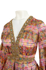 1960s Possible OLDR Metallic Pink & Gold Organza Dress w Gold Braid & Rhinestones