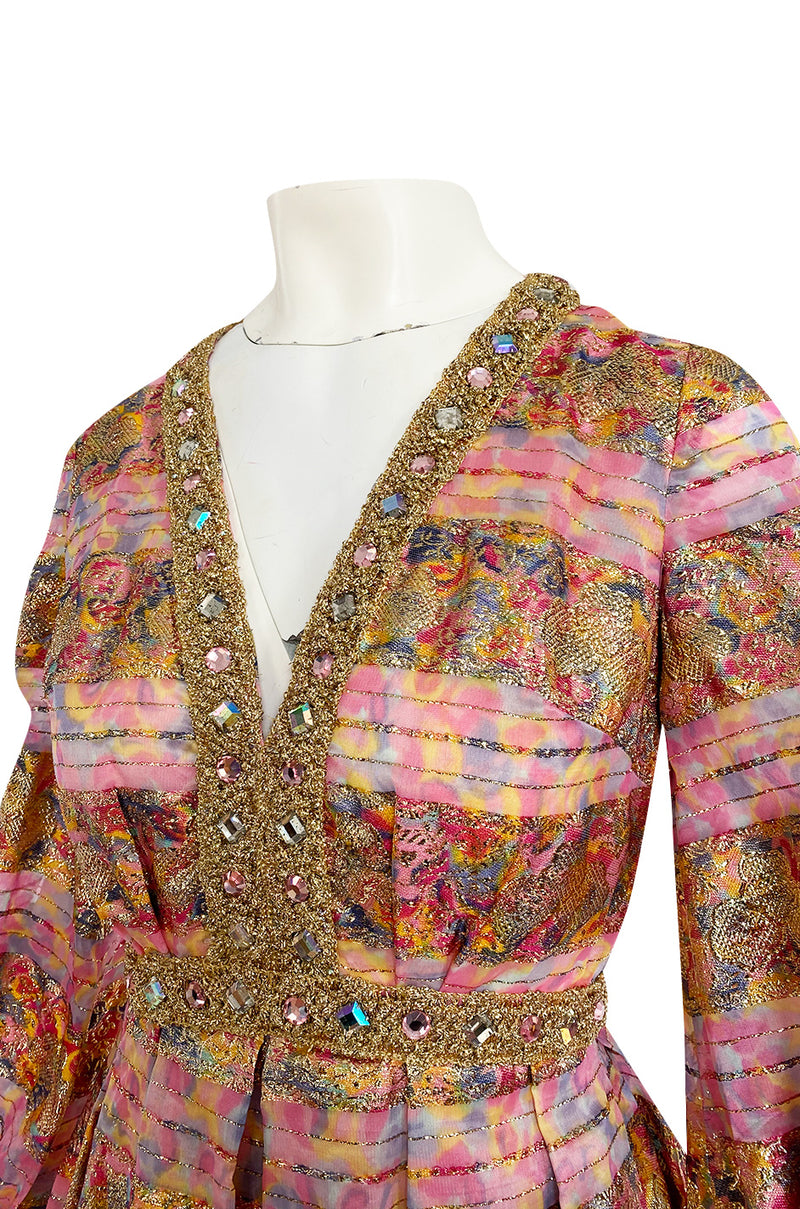 1960s Possible OLDR Metallic Pink & Gold Organza Dress w Gold Braid & Rhinestones