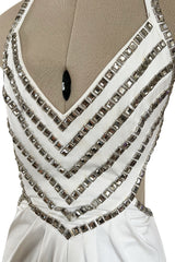 Stellar 1970s Luis Estevez Backless White Jersey Dress w Silver Studded Front