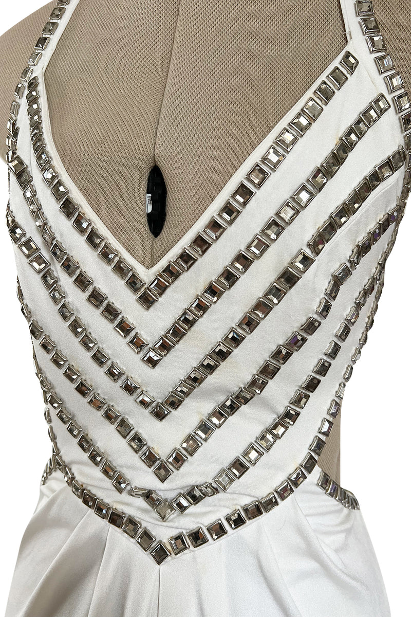 Stellar 1970s Luis Estevez Backless White Jersey Dress w Silver Studded Front