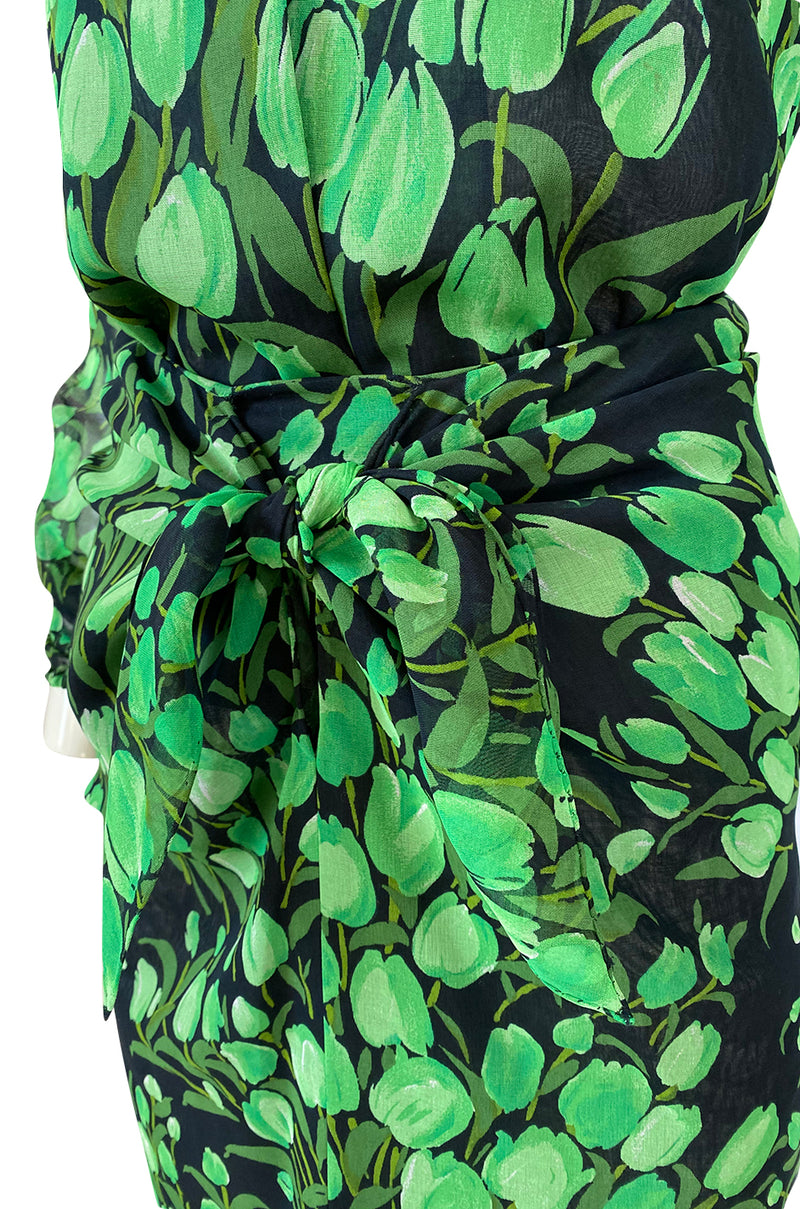 Spring 1972 Pauline Trigere Cotton Silk Voile Green Tulip Print Skirt & Top Set