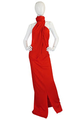1970s Convertible Plunge & Tie Red Jersey Maxi Dress