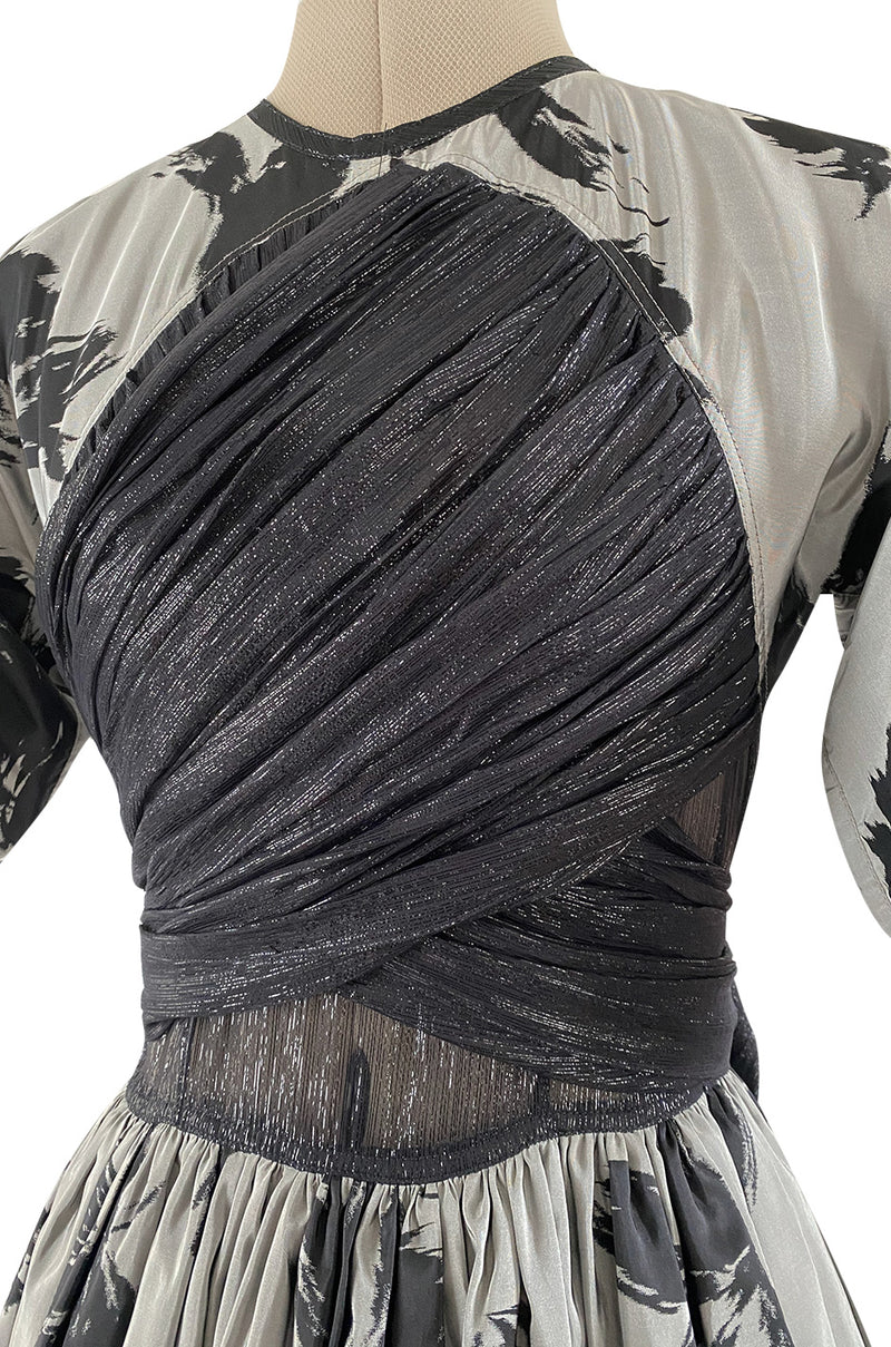 Documented Fall 1984 Geoffrey Beene Couture Silver Grey & Black Silk Dress w Metallic Chiffon Ties