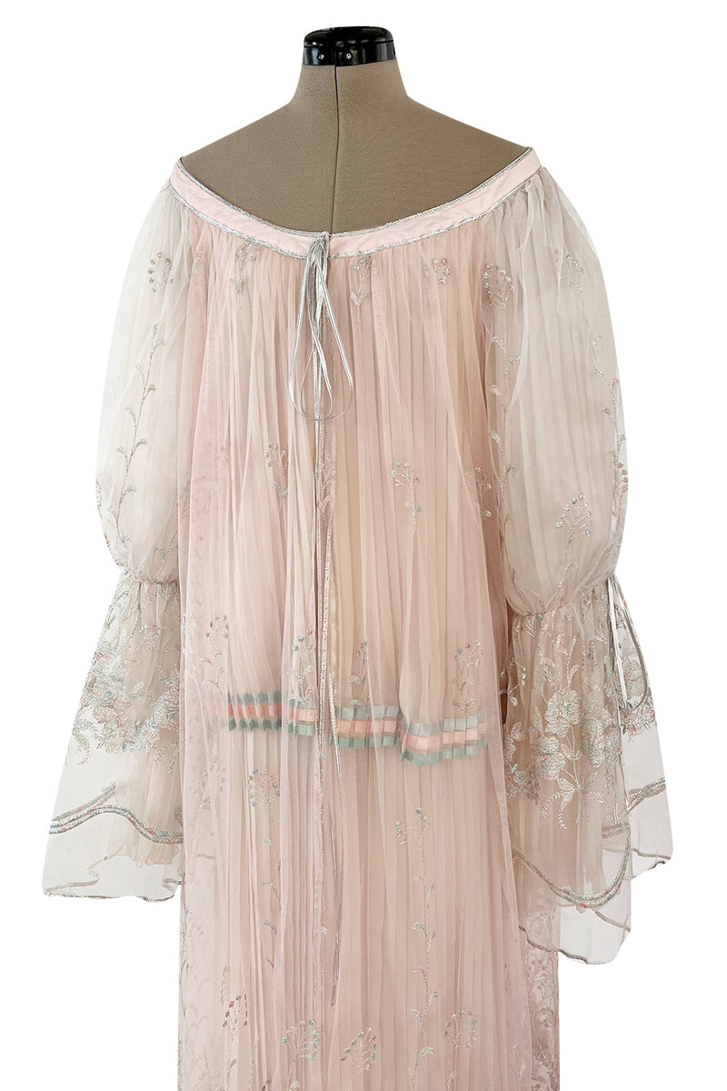 1976 Bill Gibb Couture Pleated Silk Chiffon Skirt w Metallic Thread Embroidered Silk Net Coat