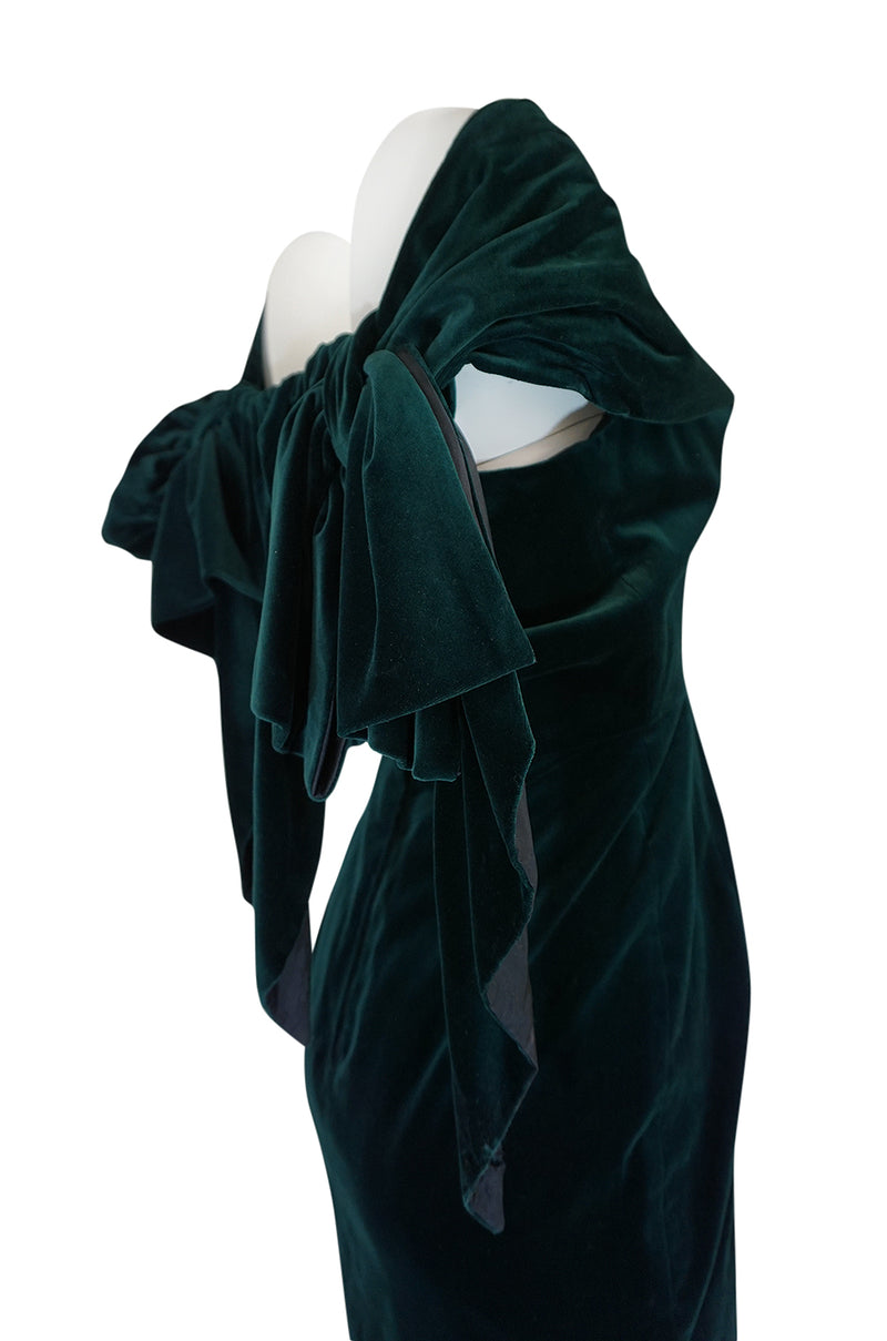 A/W 1989 Antony Price Bottle Green Velvet Dress w Removeable Bows