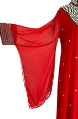 Striking 1970s Red Dotted Chiffon White Beaded Caftan Dress w Kimono Sleeves