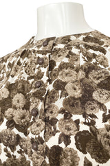1970s Yves Saint Laurent Soft Brown Floral Print Silk Dress Top & Skirt Set