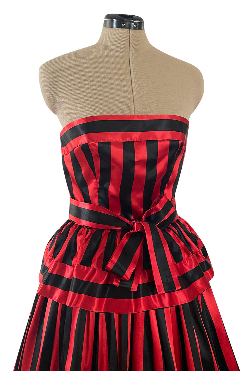 Stunning 1970s Victor Costa Red & Black Striped Satin Finish Strapless Dress