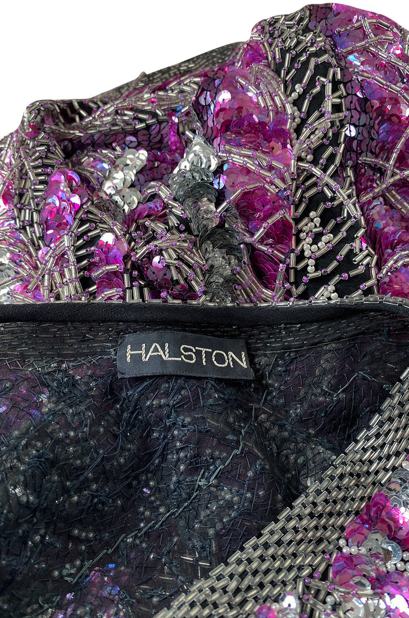 1984 Halston Deep Pink & Silver Densely Sequinned & Heavily Beaded Top w Wide Neckline