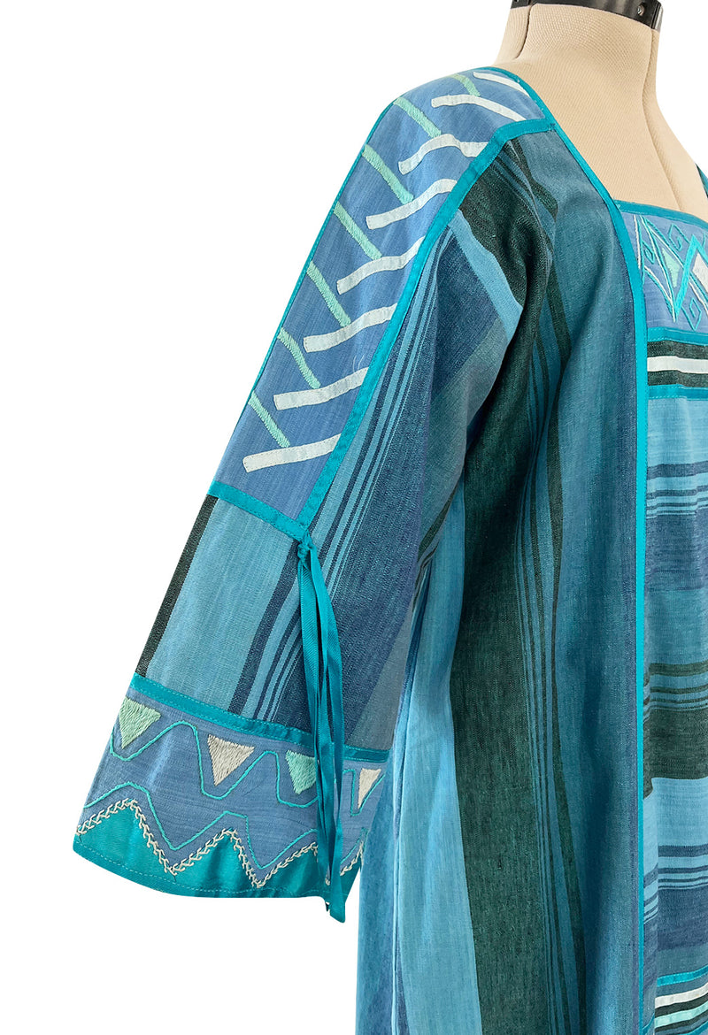 1960s Josefa Hand Made Ocean Blue Caftan Dress w Embroidery & Ribbon Details