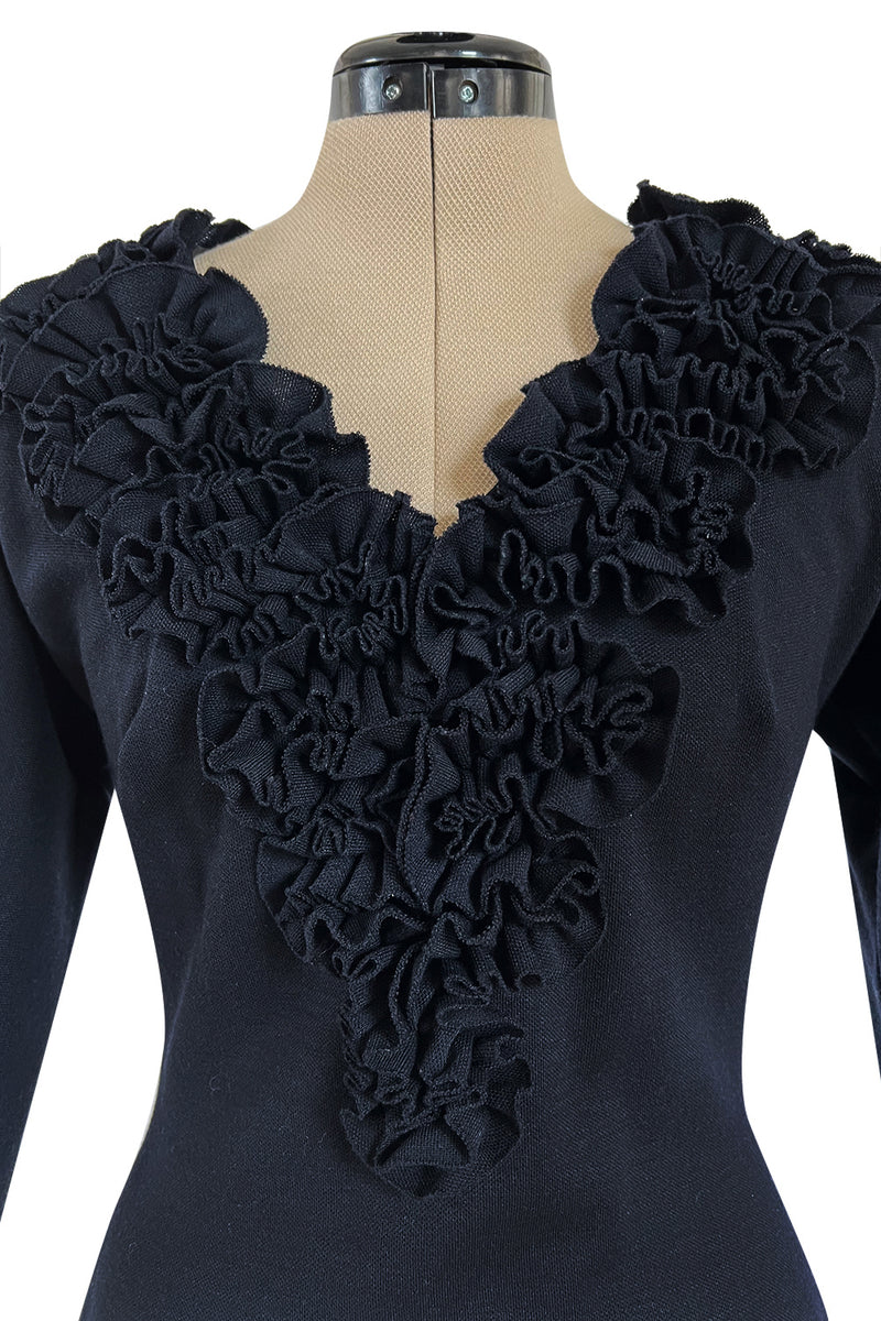 Fabulous Little Late 1950s Unlabeled Black Wool Jersey Ruffled Hem & Collar Dress