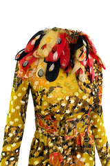 Famous 1971 Bill Blass Vogue Featured Yellow Chenille & Silk Maxi Dress w Elaborate Feather Collar