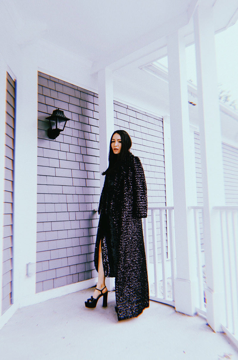 1970s Unlabeled Black Sequin Full Length Trench Style Maxi Coat