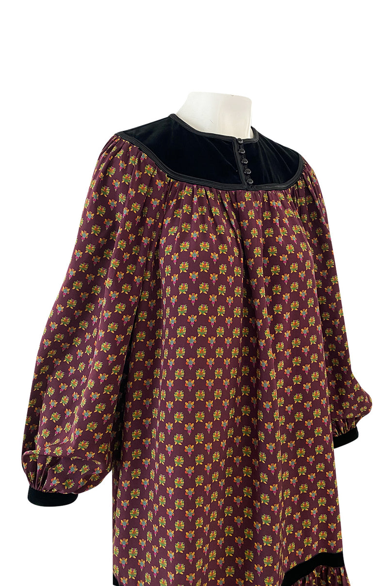 Fall 1977 Yves Saint Laurent Pretty Floral Printed Silk Smock Dress w Velvet Detailing