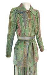 Rare 1973 Bill Gibb Museum Documented Metallic Green Lurex Skirt Top and Jacket Set
