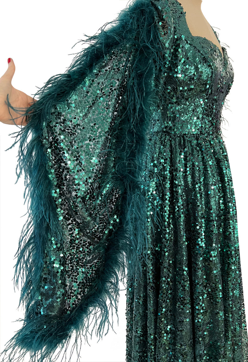 1970s Unlabeled Green Sequin Dress w Dramatic Feather Trimmed Open Extra Long Sleeve