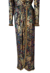 Fall 1990 Oscar de la Renta Metallic Gold Silk Lame Dress w Brass Bell Trim