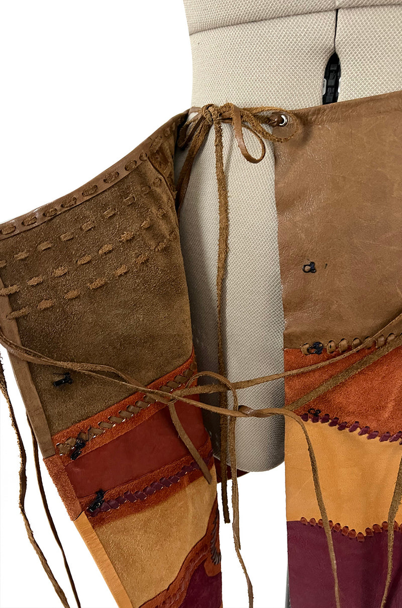 Extraordinary 1960s Char Hand Made Leather & Suede Wrap Scenic Patchwork Skirt