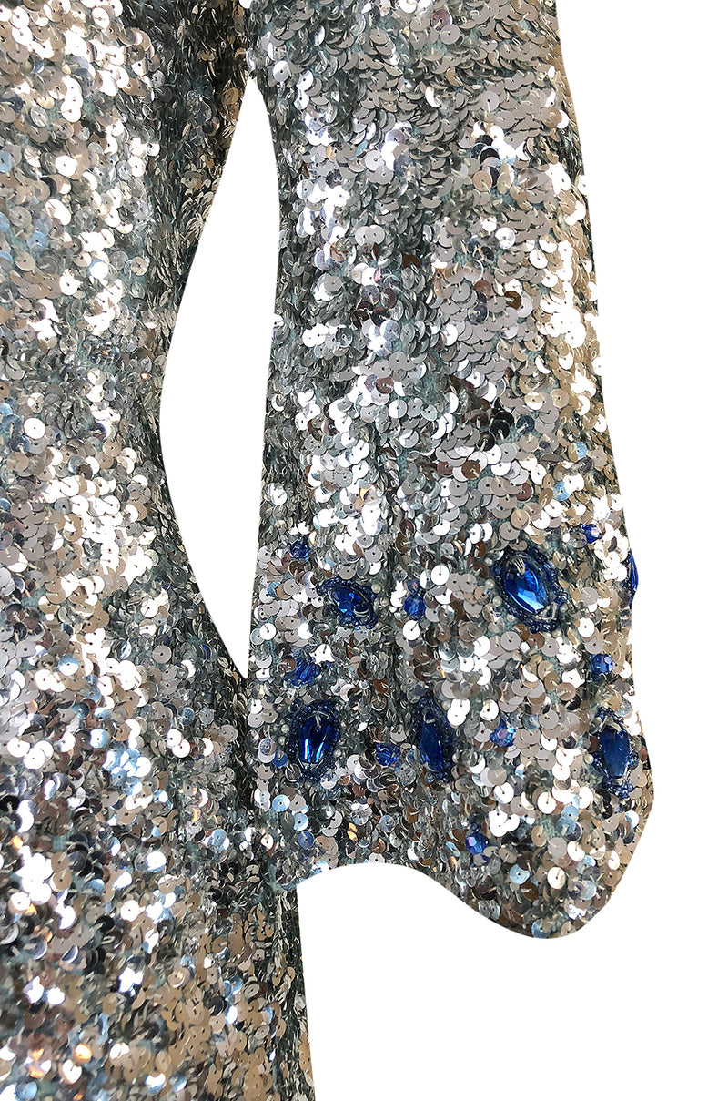 c.1967 Gene Shelly Blue Crystal & Silver Sequin Stretch Knit Dress
