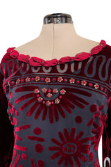 Gorgeous 1980s Zandra Rhodes Deep Red Cut Velvet Caftan Dress w Beaded Detailing