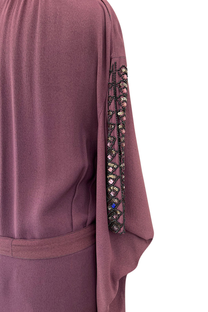 Unusual 1930s Avant Garde Mauve Moss Crepe Dress w Hand Beaded Sleeve Detailings