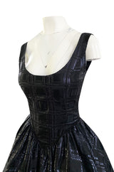 Early 1980s Nina Ricci Black Silk Metallic Lame Full Skirted Low Back Dress
