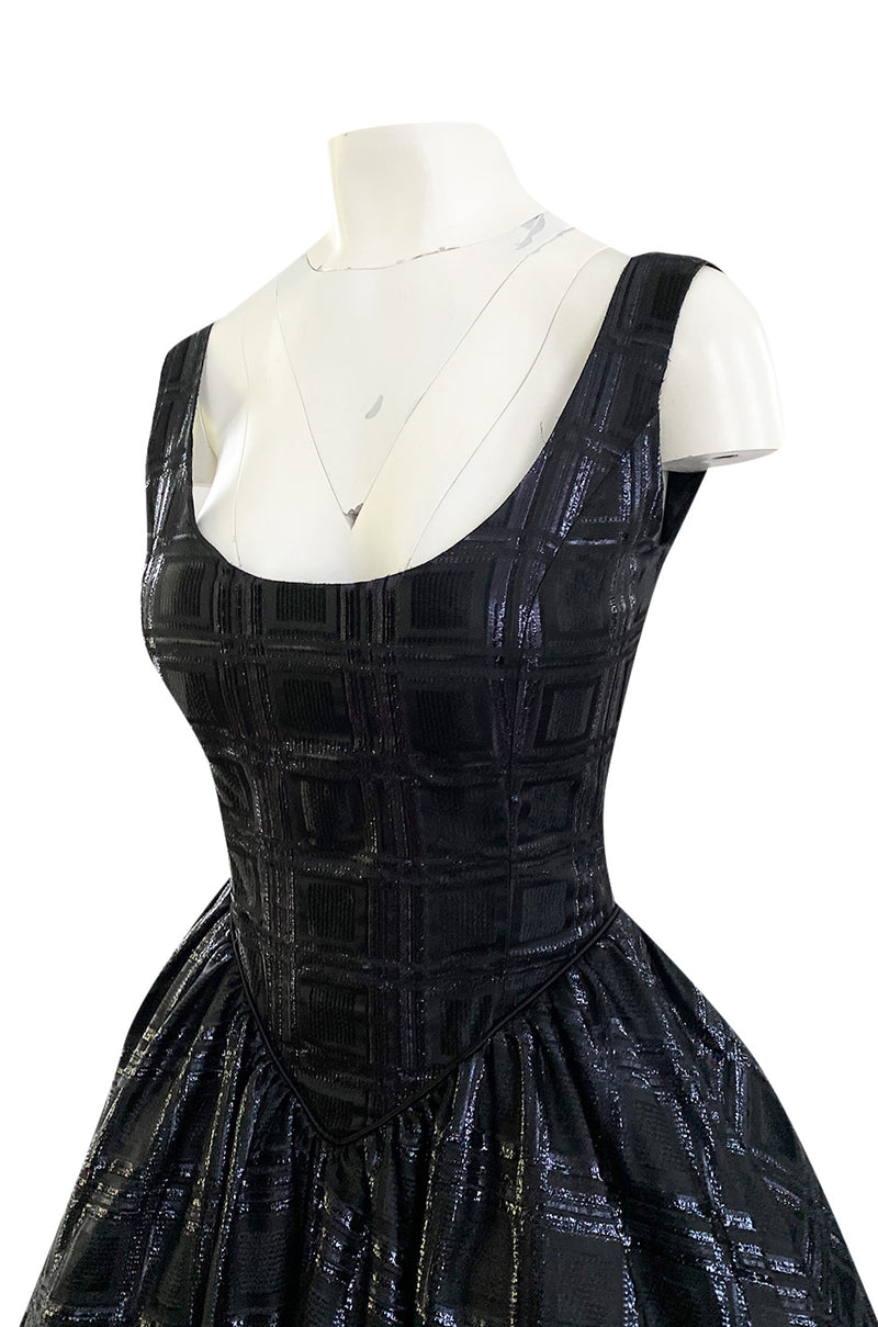 Early 1980s Nina Ricci Black Silk Metallic Lame Full Skirted Low Back Dress