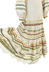 1975 Giorgio Sant' Angelo Hand Crochet Dress w Balloon Sleeves & Metallic Ribbon Detailing