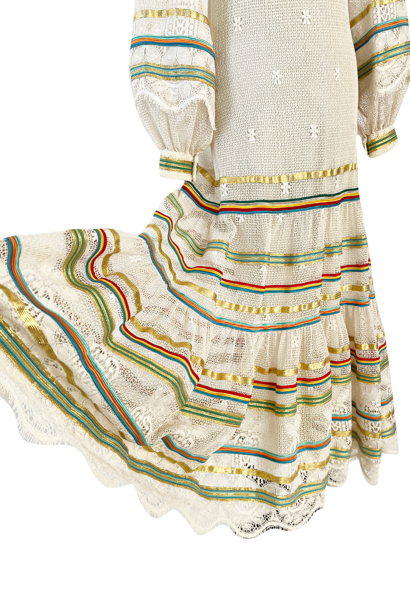 1975 Giorgio Sant' Angelo Hand Crochet Dress w Balloon Sleeves & Metallic Ribbon Detailing