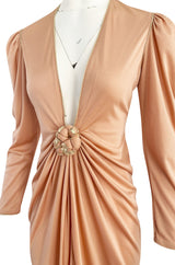 1981 Bill Tice Peach Nylon Jersey Long Sleeve Deep Plunge Dress w Gold Lame Flower & Trim