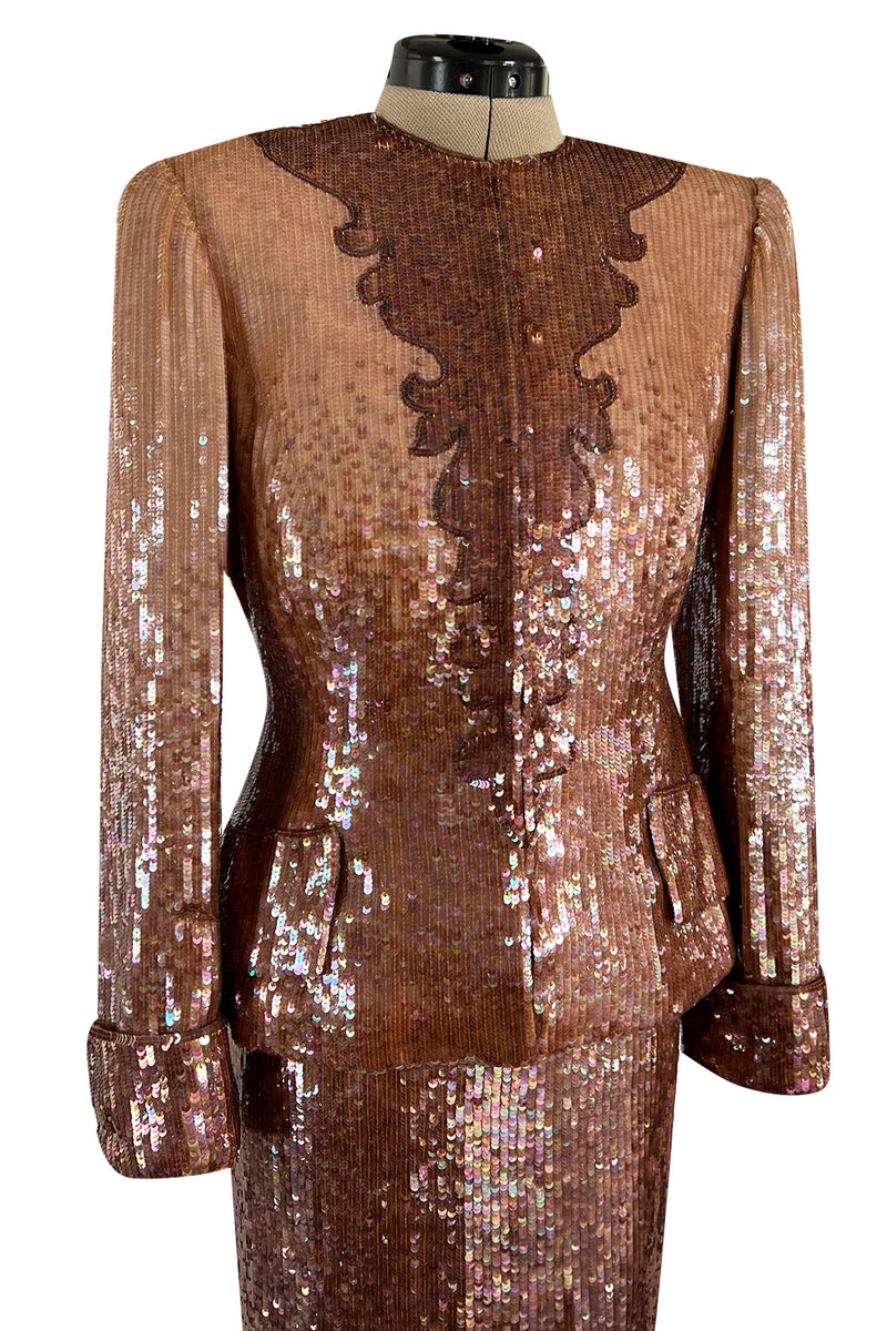 Fabulous 1980s John Anthony Couture Pink & Bronze Fully Sequinned Strapless Dress & Matching Jacket