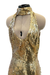 Rare Spring 1973 Loris Azzaro Ad Campaign Documented Gold Metallic Sequin Backless Halter Dress