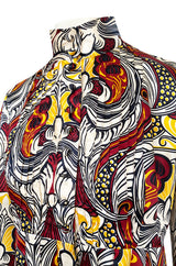 1972 Jean Muir Abstract Printed Silk Satin Dress w Pin Tuck Detailed Bodice