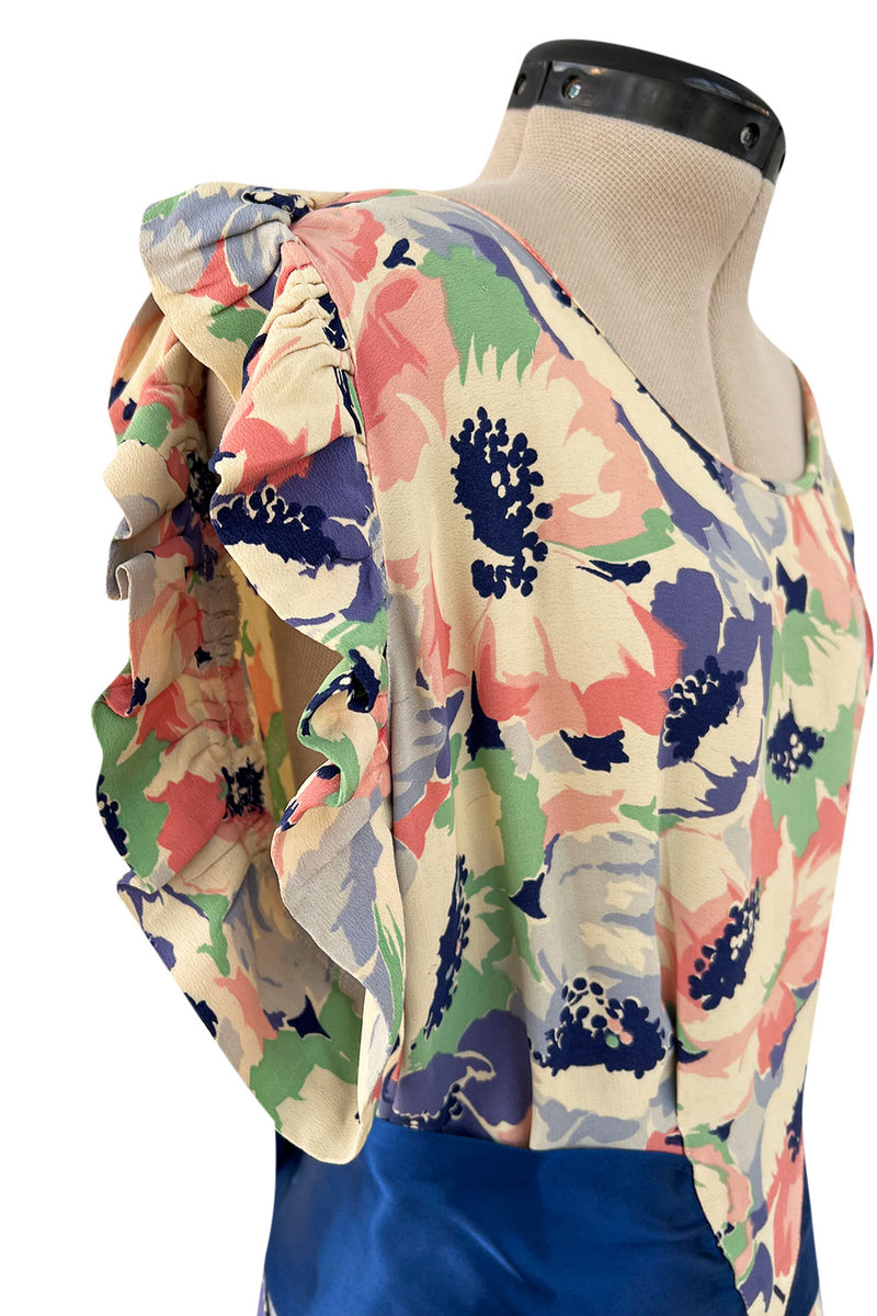 Romantic 1930s Floral Print Bias Cut Silk Dress w Ruffle & Blue Ribbon Detailing