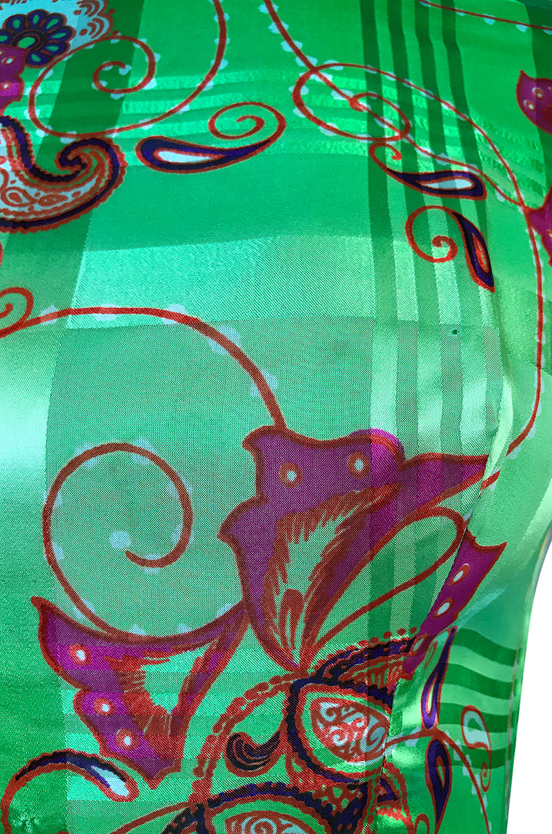 1970s Mollie Parnis Kimono Sleeve Printed Green Silk Dress