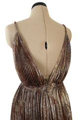 Incredible Spring 1977 Jean Patou by Angelo Tarlazzi Plunging Bronze Silk Lame Metallic Pleat Dress