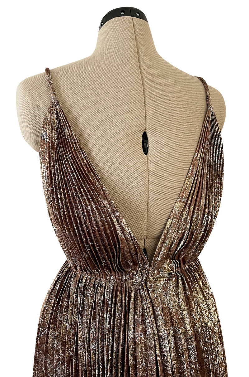 Incredible Spring 1977 Jean Patou by Angelo Tarlazzi Plunging Bronze Silk Lame Metallic Pleat Dress