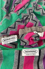1980s Missoni Cotton Linen Green Purple & Pink Striped Skirt Tunic Set