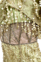 1991 Bob Mackie Gold Sequin Dangle Thread on Metallic Lace Mini Dress
