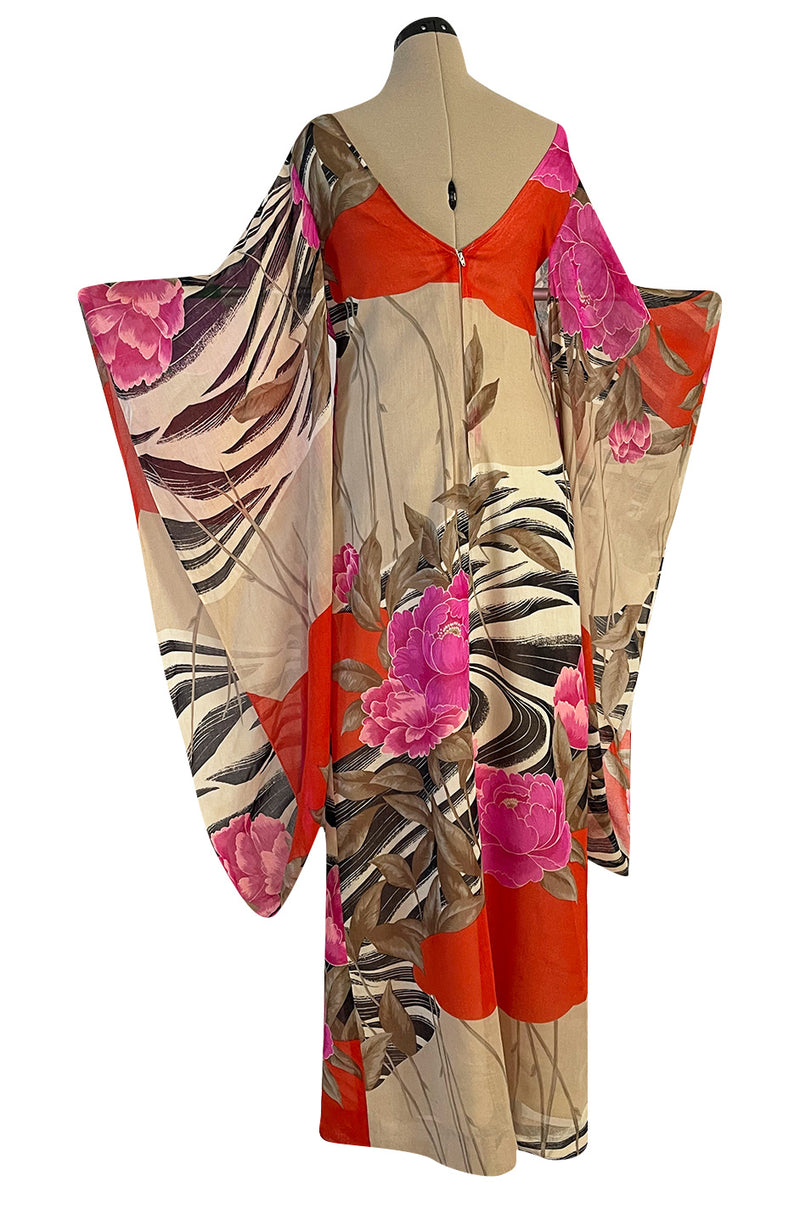 1960s Hanae Mori Couture Long Open Kimono Sleeve Pink Floral Print Cotton Caftan Dress