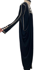 1970s Bill Gibb Museum Held Black Liquid Jersey Dress w MOP Buttons & Extensive Beading