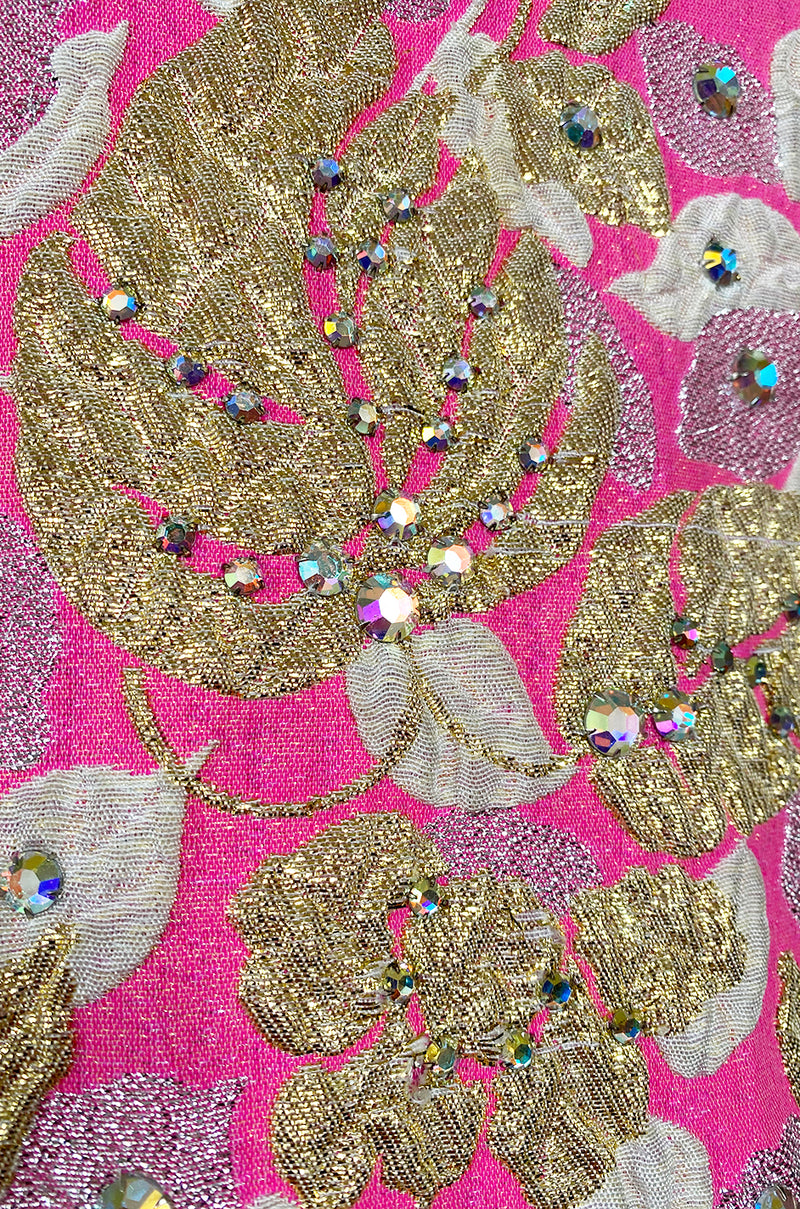 1960s Kiki Hart Silver, Gold & Pink Silk Brocade Dress w Rhinestone Detailing