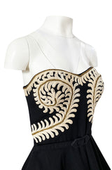 1950s Heavy Cotton / Canvas Strapless Dress  w Hand Applied Cord Applique