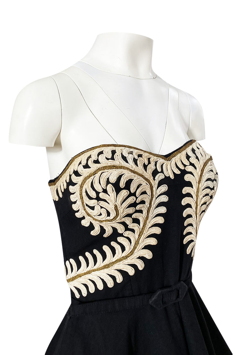 1950s Heavy Cotton / Canvas Strapless Dress  w Hand Applied Cord Applique