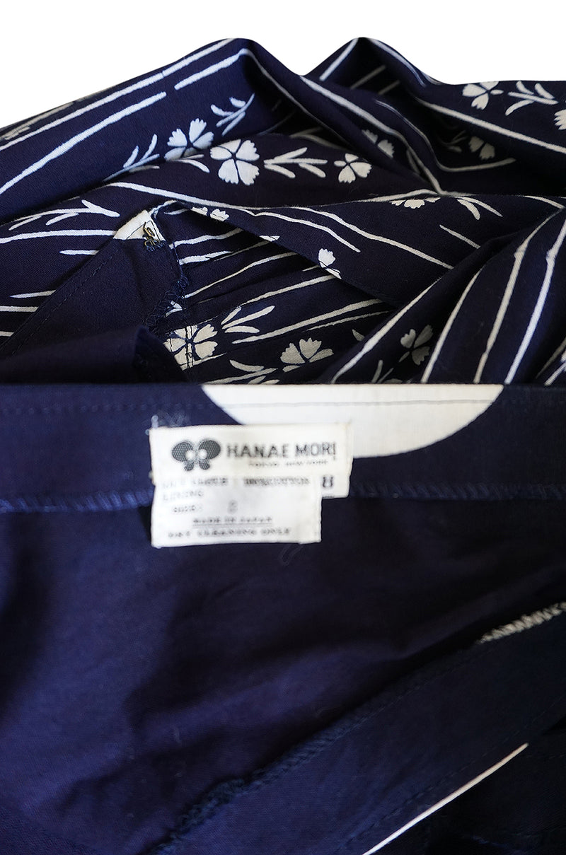 Spring 1977 Hanae Mori Fan & Flower Print Blue Yukata Cotton Dress