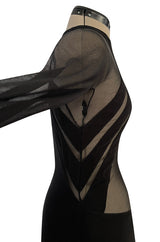 Spectacular 2005 John Anthony Couture Black Stretch Jersey Dress w Curved Netted Cut Outs
