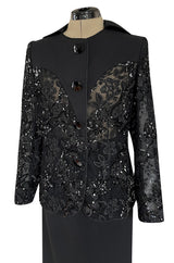 1980s Ady Couture Lausanne Transparent Lace & Sequin Jacket Suit w Black Pencil Skirt