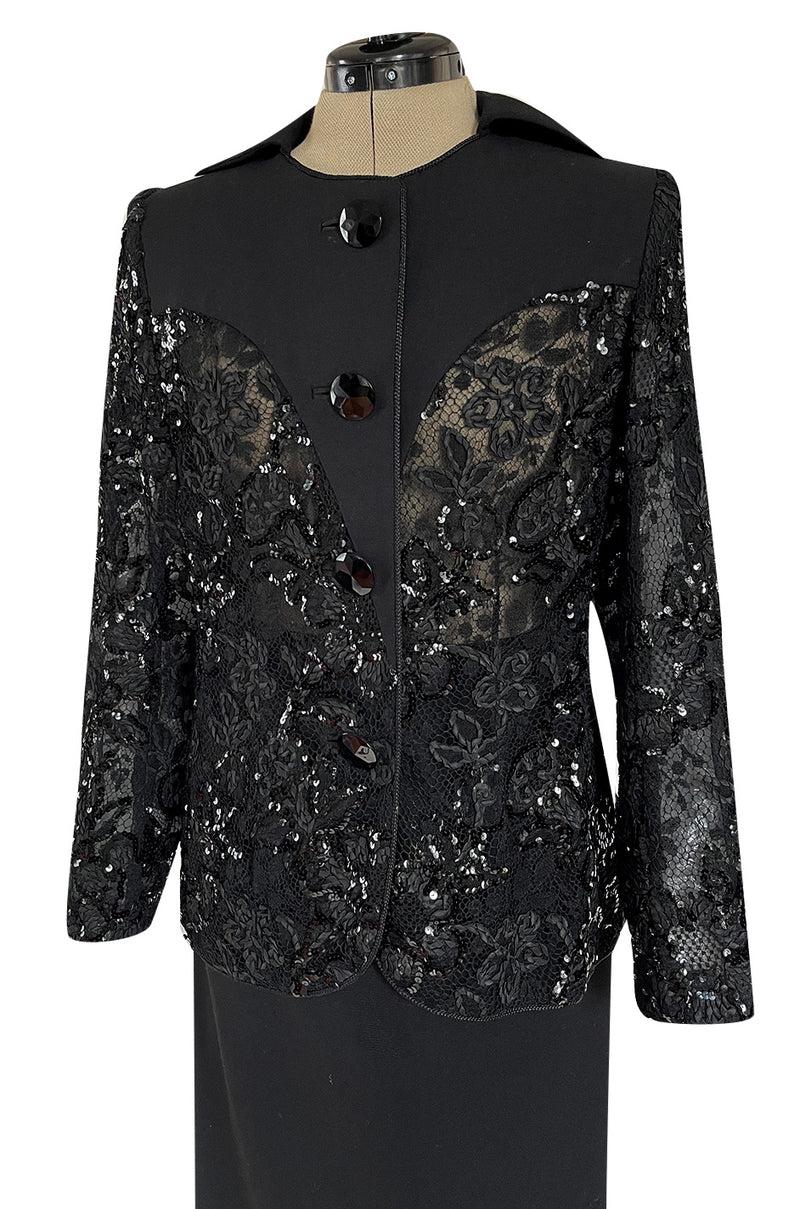 1980s Ady Couture Lausanne Transparent Lace & Sequin Jacket Suit w Black Pencil Skirt