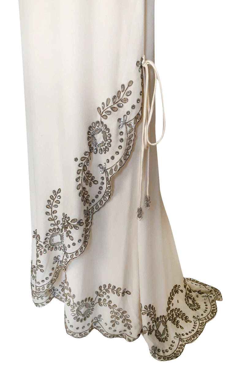 1990s Valentino Trained Backless Ivory Silk Dress w Sequin & Bead Detail